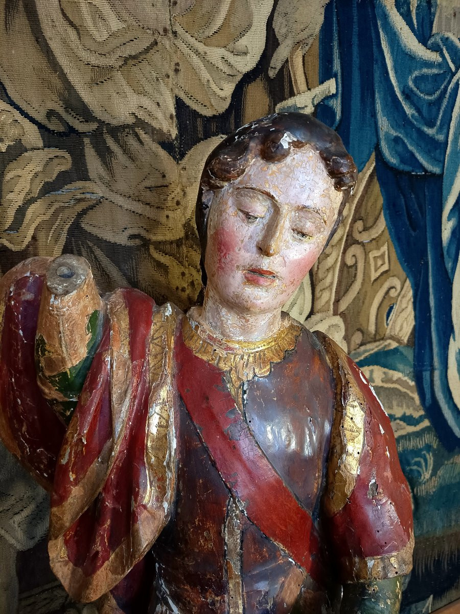 Grande Statue en bois polychrome, archange Saint Michel terrassant le démon XVIIème Espagnol-photo-2