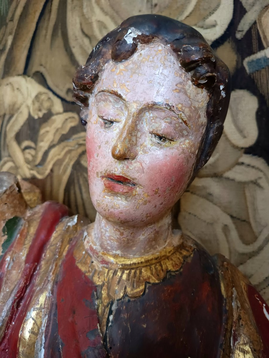 Grande Statue en bois polychrome, archange Saint Michel terrassant le démon XVIIème Espagnol-photo-3