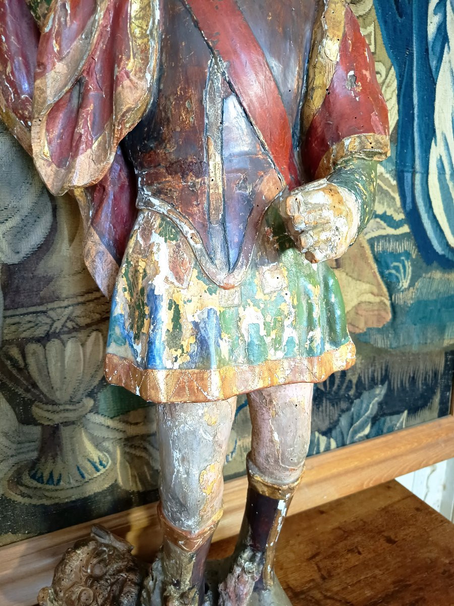 Grande Statue en bois polychrome, archange Saint Michel terrassant le démon XVIIème Espagnol-photo-1