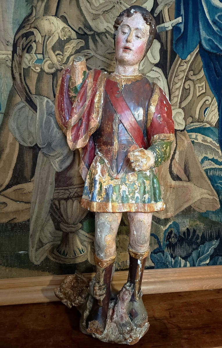Grande Statue en bois polychrome, archange Saint Michel terrassant le démon XVIIème Espagnol