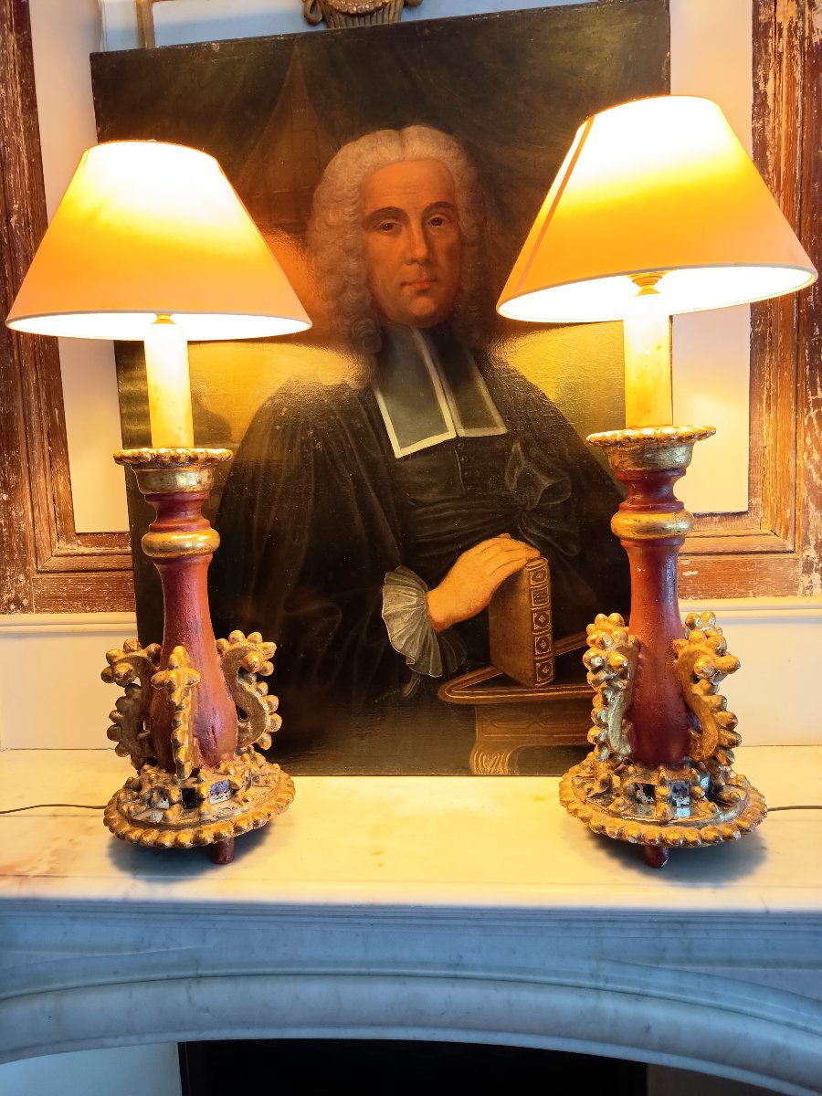 Paire de grandes lampes polychromes dans le goût du baroque Italien-photo-3