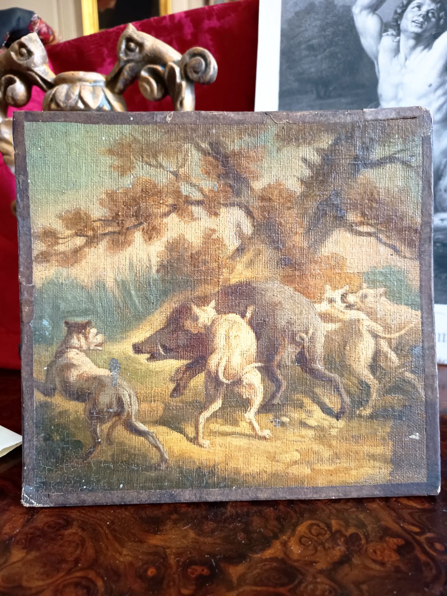 Four Small Marouflaged Canvases, Scenes Of Hunting Dogs-photo-2