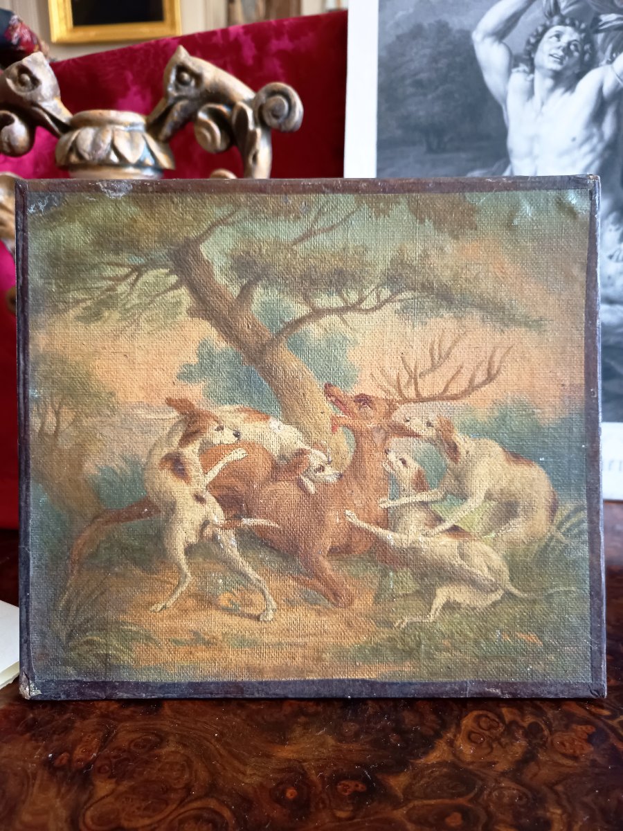 Four Small Marouflaged Canvases, Scenes Of Hunting Dogs-photo-3