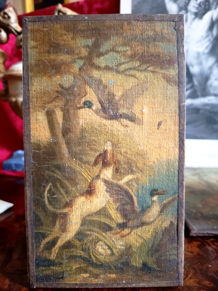 Four Small Marouflaged Canvases, Scenes Of Hunting Dogs-photo-1