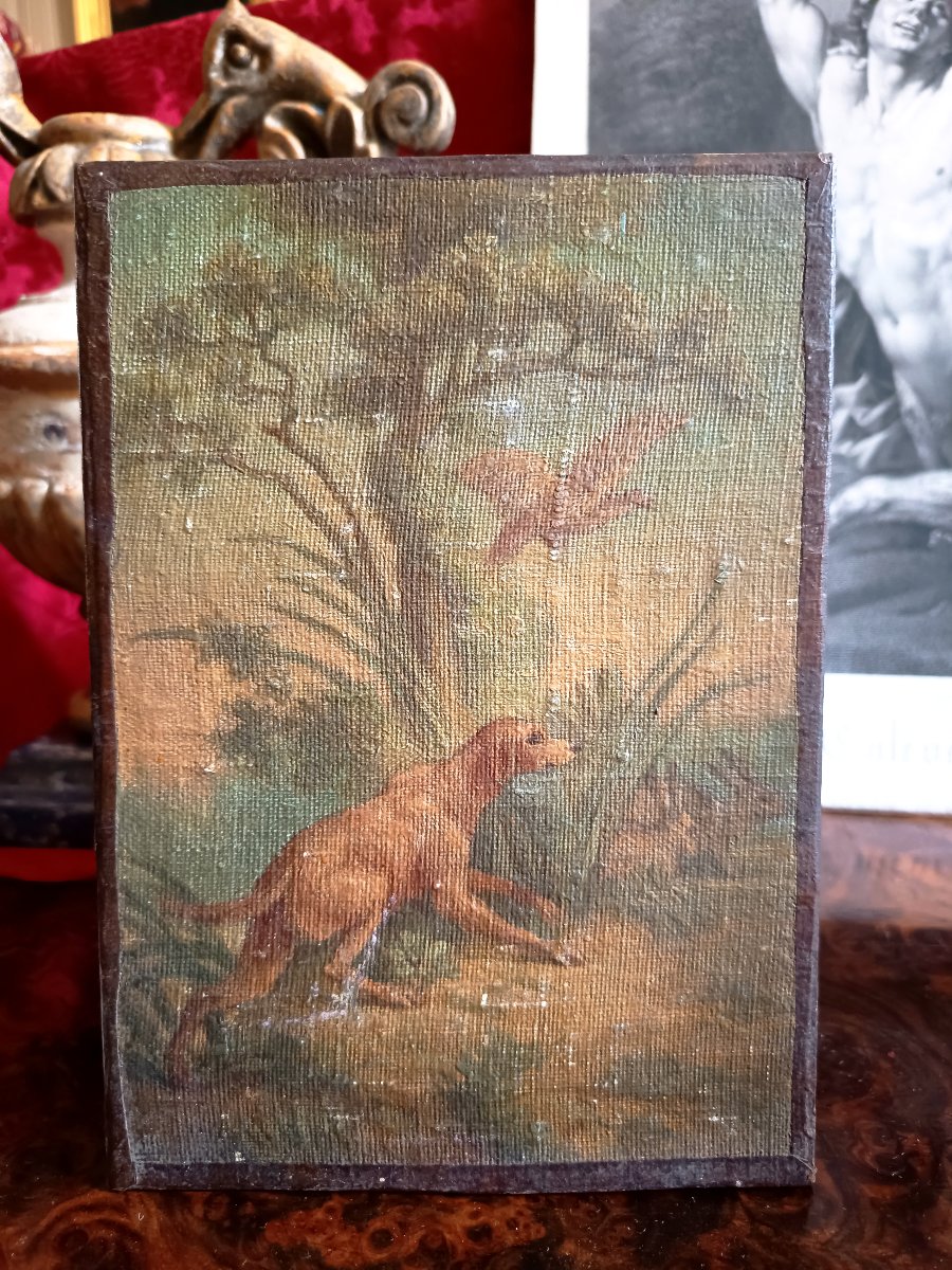 Four Small Marouflaged Canvases, Scenes Of Hunting Dogs-photo-3