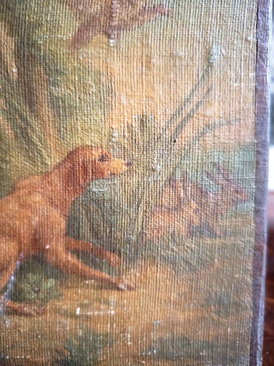 Four Small Marouflaged Canvases, Scenes Of Hunting Dogs-photo-4