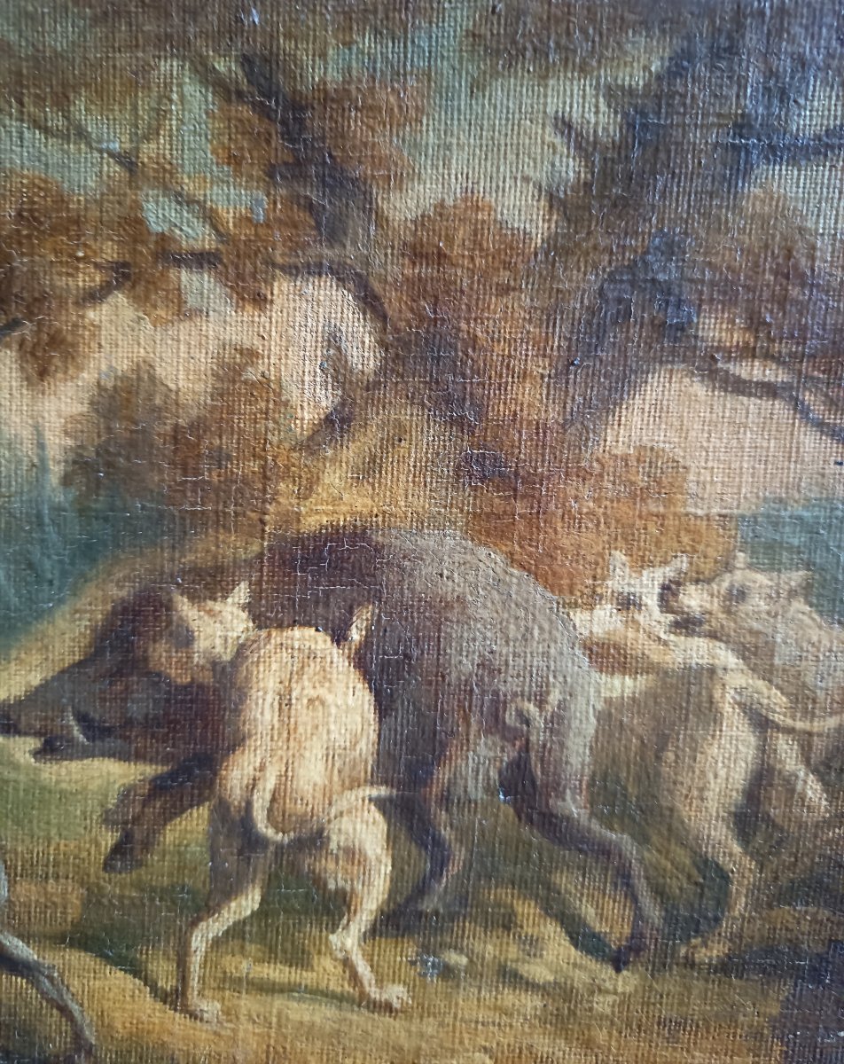 Four Small Marouflaged Canvases, Scenes Of Hunting Dogs