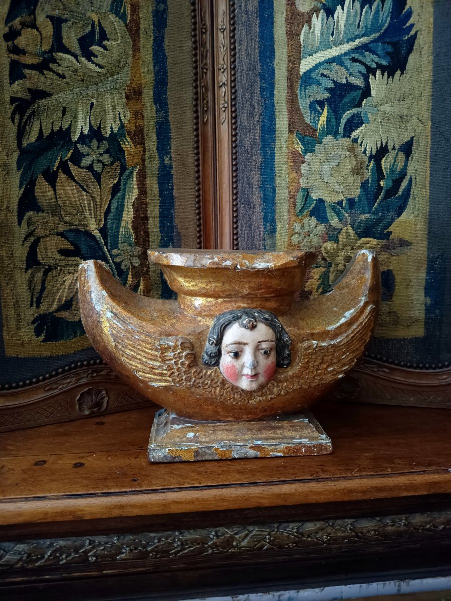 Gilded Wooden Base With Cherub Decoration, 16th Century, Italy-photo-2