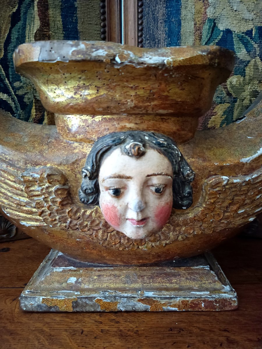 Gilded Wooden Base With Cherub Decoration, 16th Century, Italy-photo-3