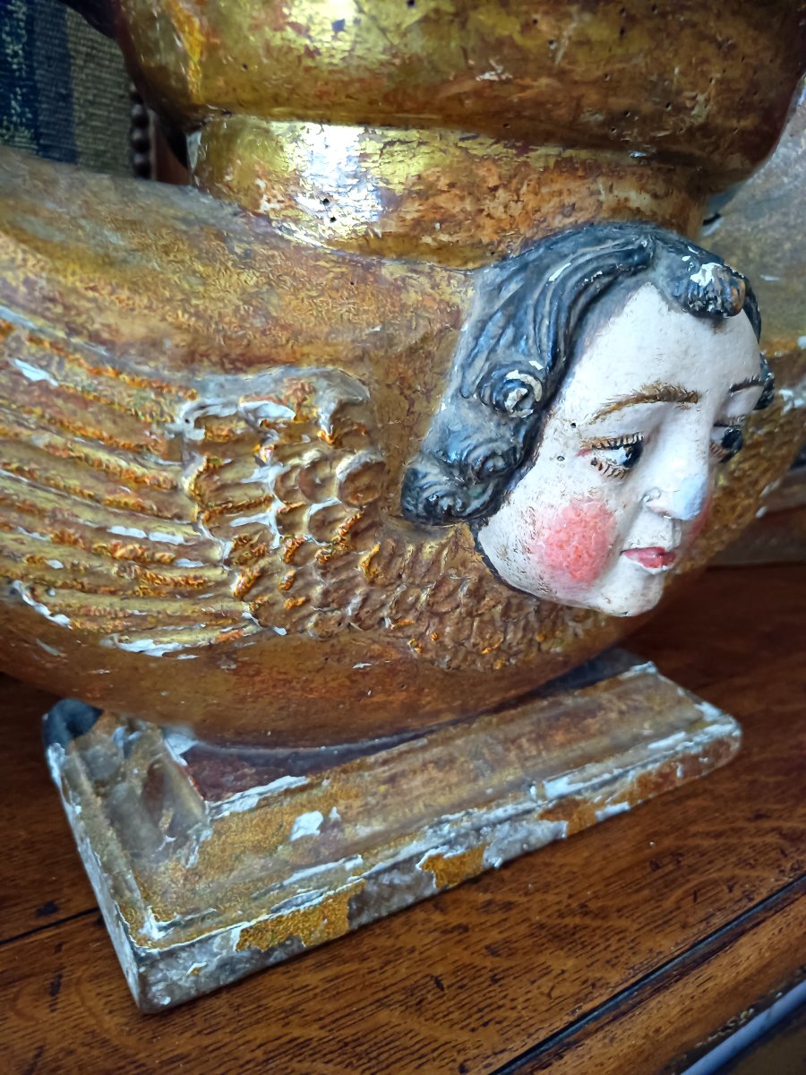 Gilded Wooden Base With Cherub Decoration, 16th Century, Italy-photo-4