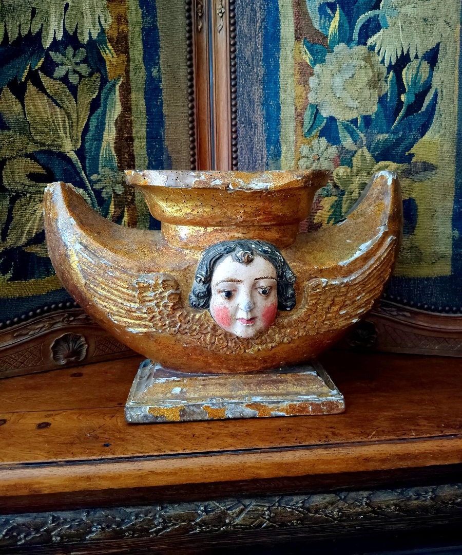 Gilded Wooden Base With Cherub Decoration, 16th Century, Italy