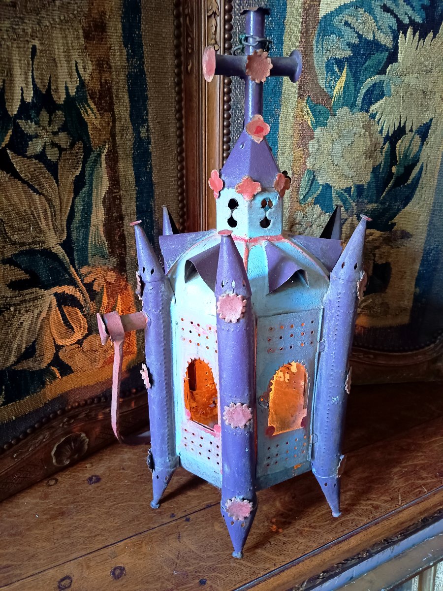 Large Procession Lantern Made Of Polychrome Sheet Metal, Late 19th Century -photo-3