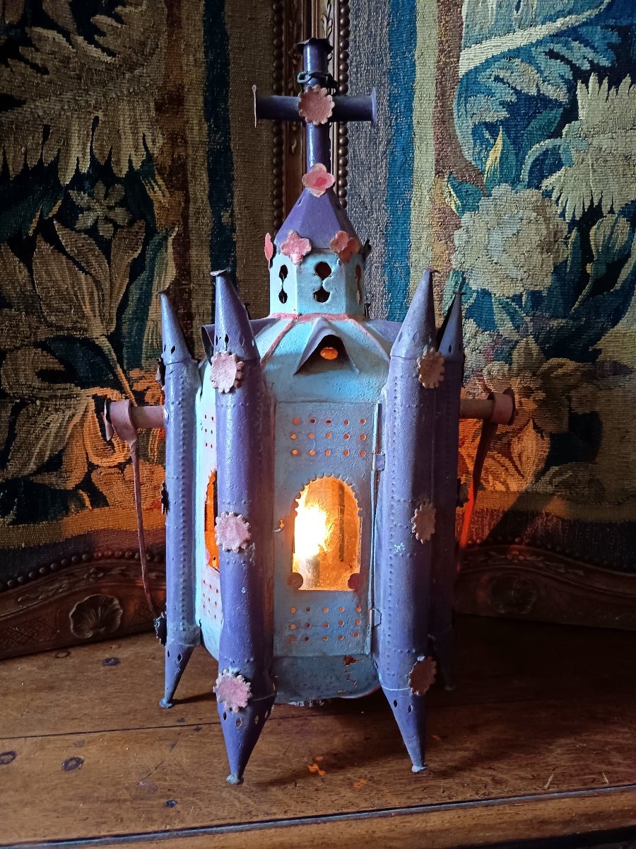 Large Procession Lantern Made Of Polychrome Sheet Metal, Late 19th Century 
