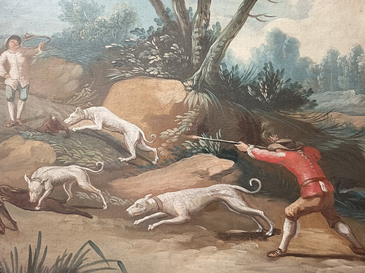 18th-century French School – Hare Hunt – Oil On Canvas -photo-2