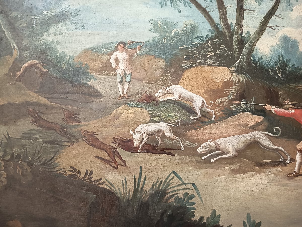 18th-century French School – Hare Hunt – Oil On Canvas -photo-1