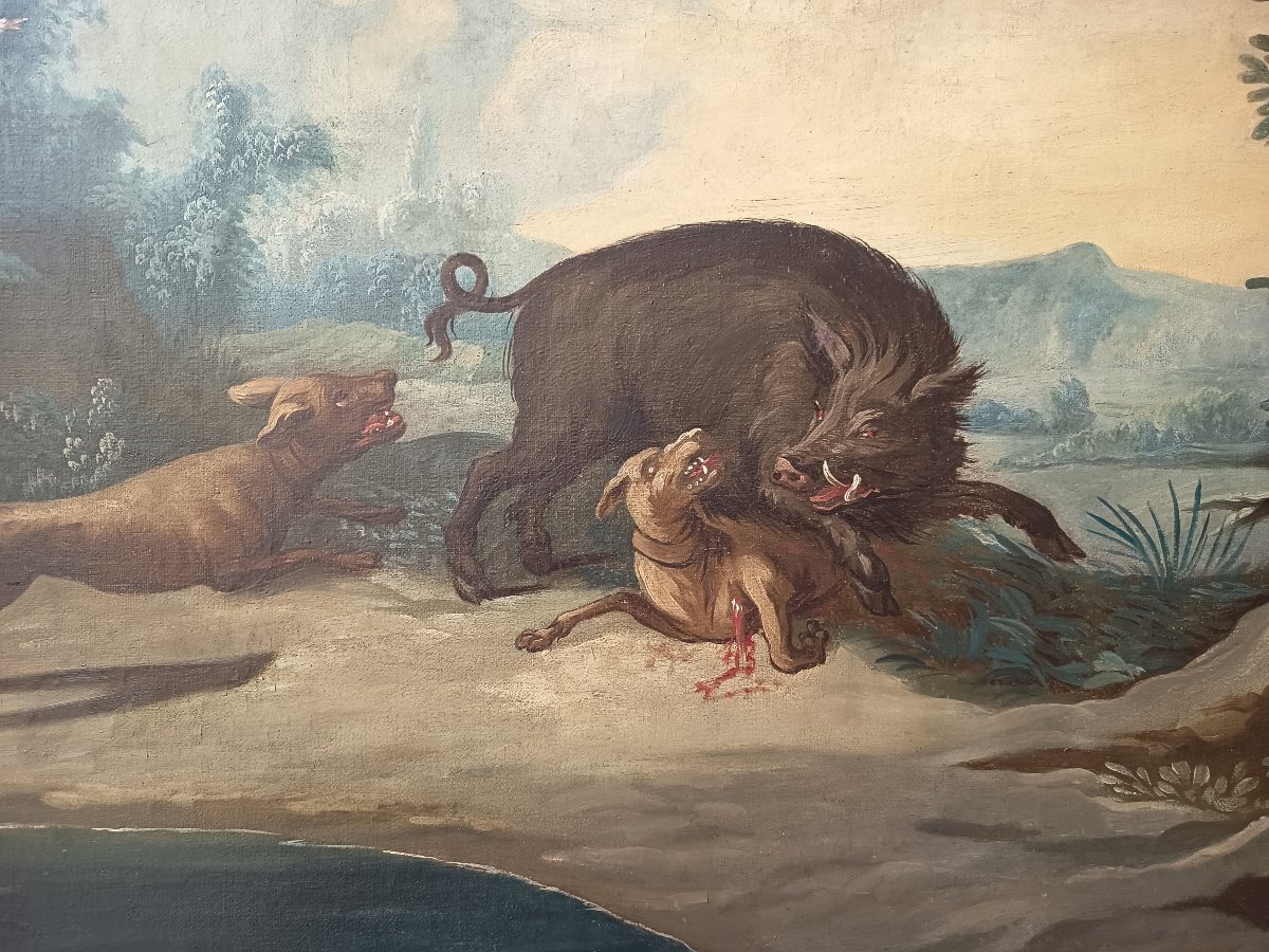 École française XVIIIᵉ – Chasse au sanglier – Huile sur toile -photo-2