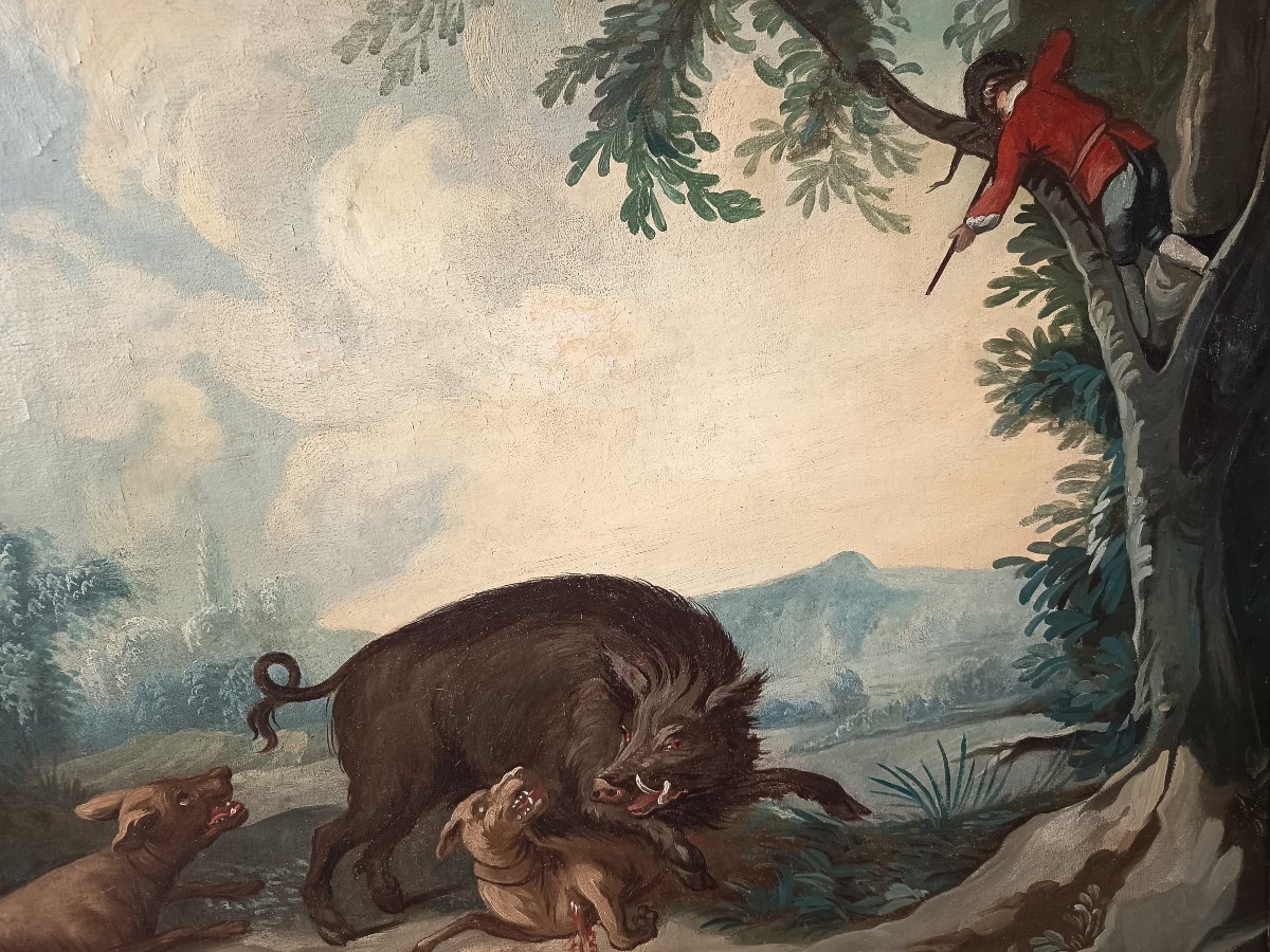 École française XVIIIᵉ – Chasse au sanglier – Huile sur toile -photo-3