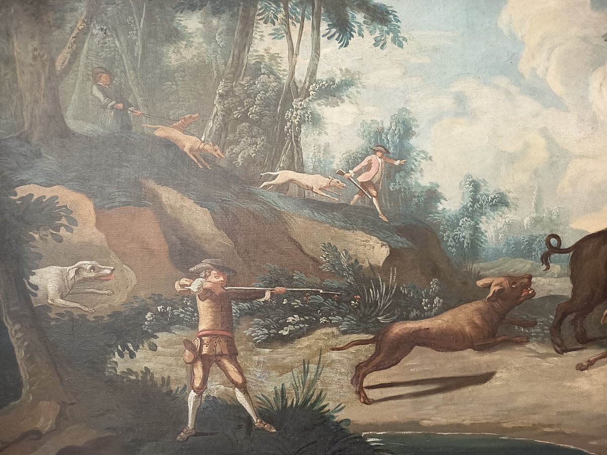École française XVIIIᵉ – Chasse au sanglier – Huile sur toile -photo-1