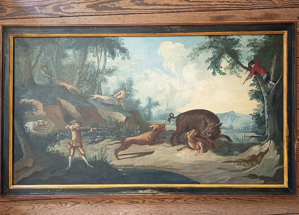 École française XVIIIᵉ – Chasse au sanglier – Huile sur toile 