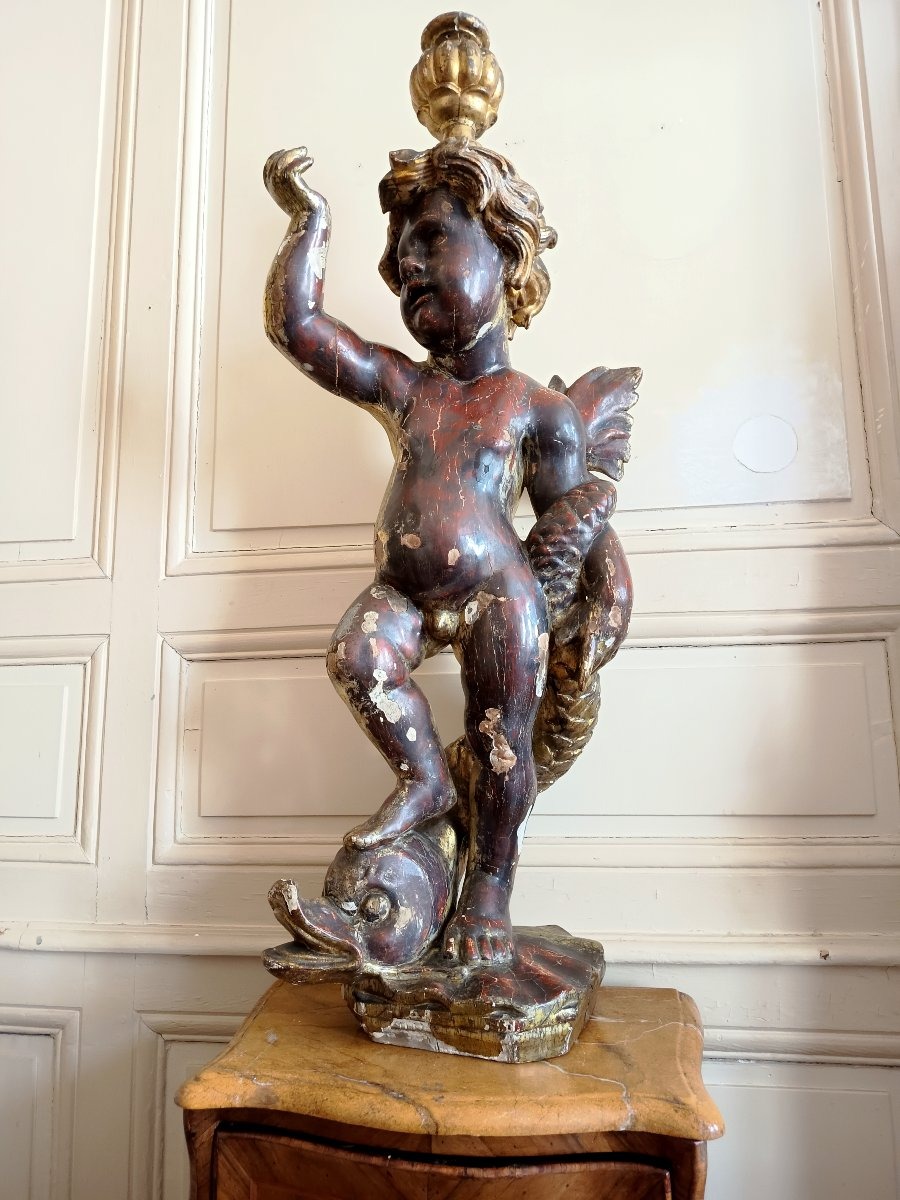 Putto On A Polychrome And Gilded Wooden Dolphin – Italy, Probably Liguria, 17th–18th Centuries
