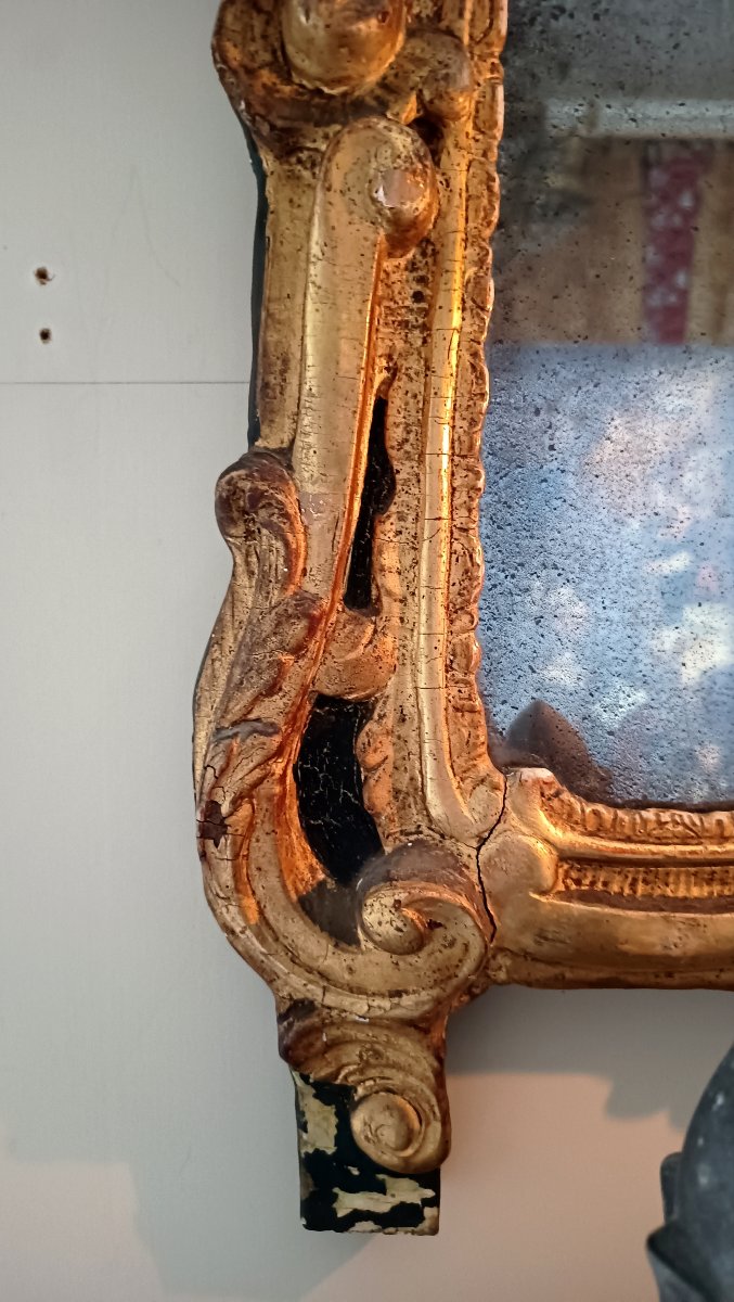 Miroir provençal Louis XV en bois sculpté et doré, glace au mercure d'origine, XVIIIᵉ siècle-photo-4