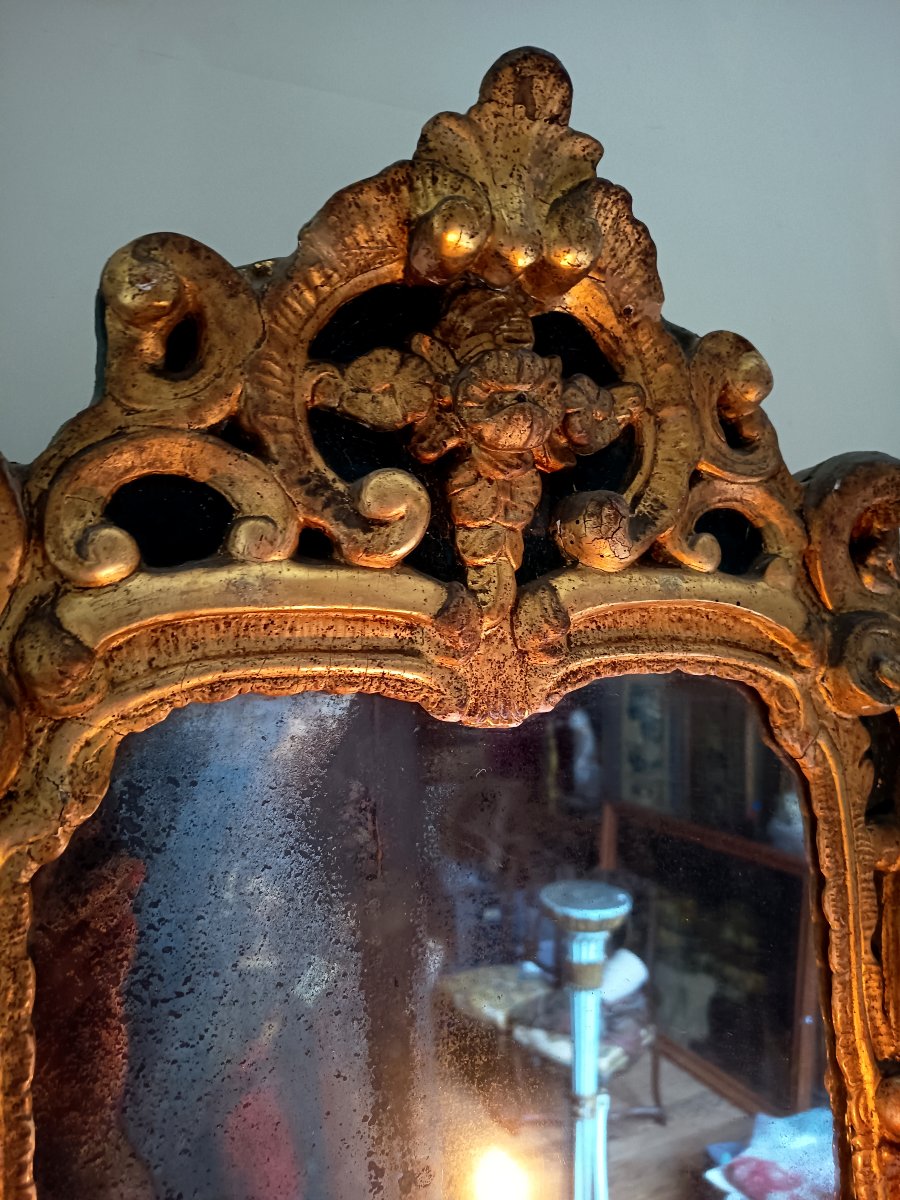 Miroir provençal Louis XV en bois sculpté et doré, glace au mercure d'origine, XVIIIᵉ siècle-photo-1