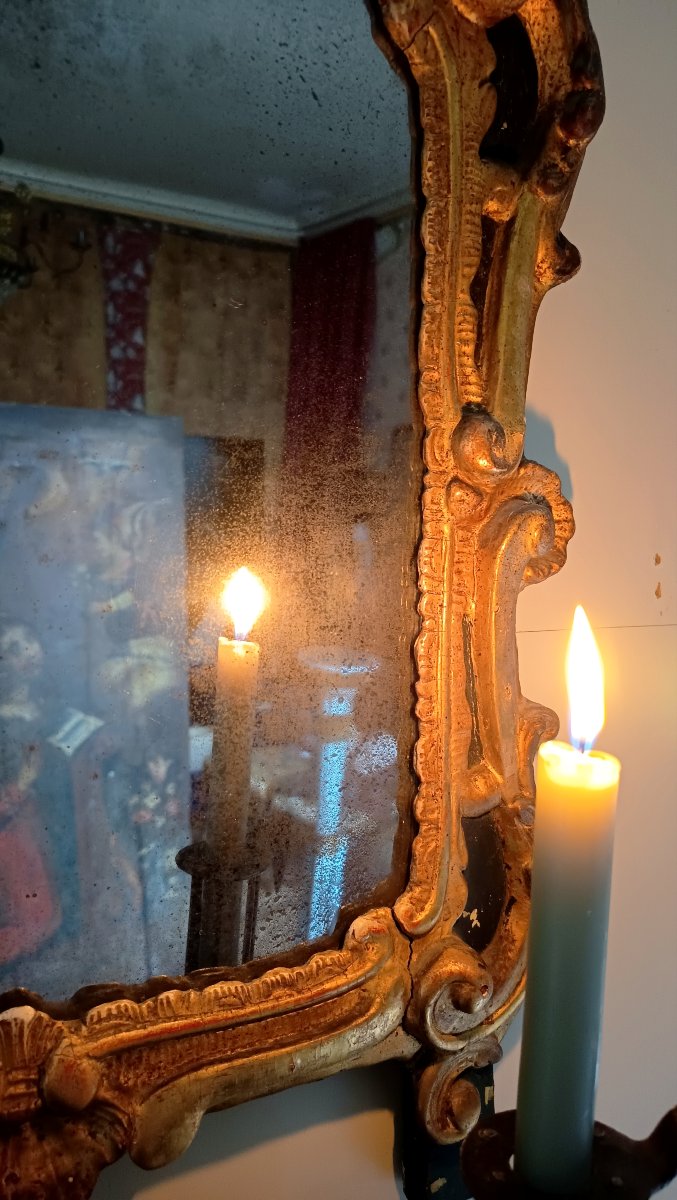 Miroir provençal Louis XV en bois sculpté et doré, glace au mercure d'origine, XVIIIᵉ siècle-photo-2