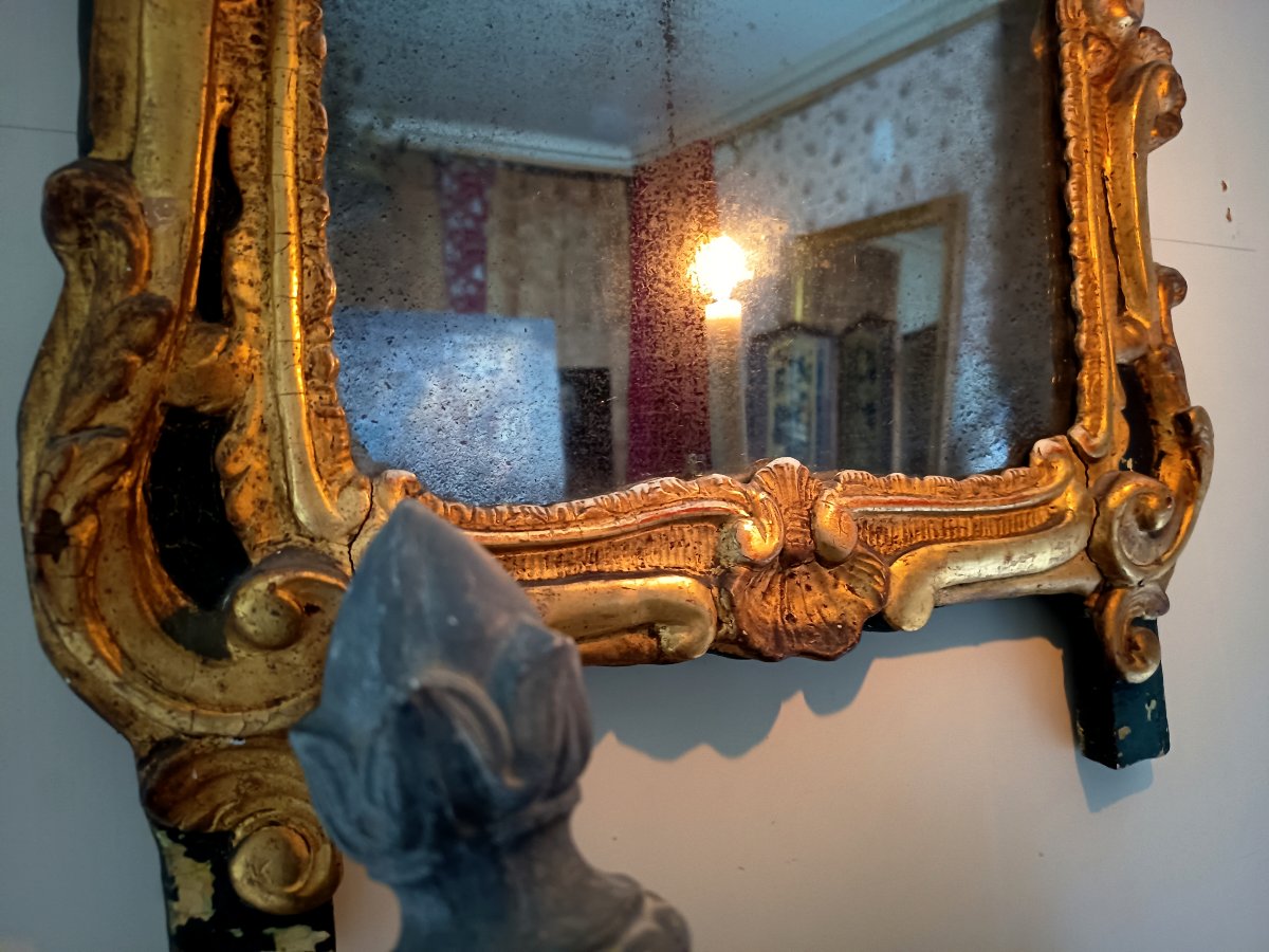 Miroir provençal Louis XV en bois sculpté et doré, glace au mercure d'origine, XVIIIᵉ siècle-photo-3