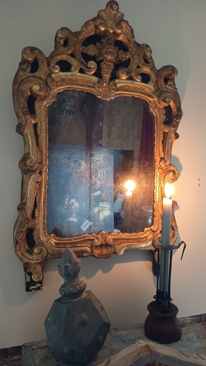Miroir provençal Louis XV en bois sculpté et doré, glace au mercure d'origine, XVIIIᵉ siècle-photo-6