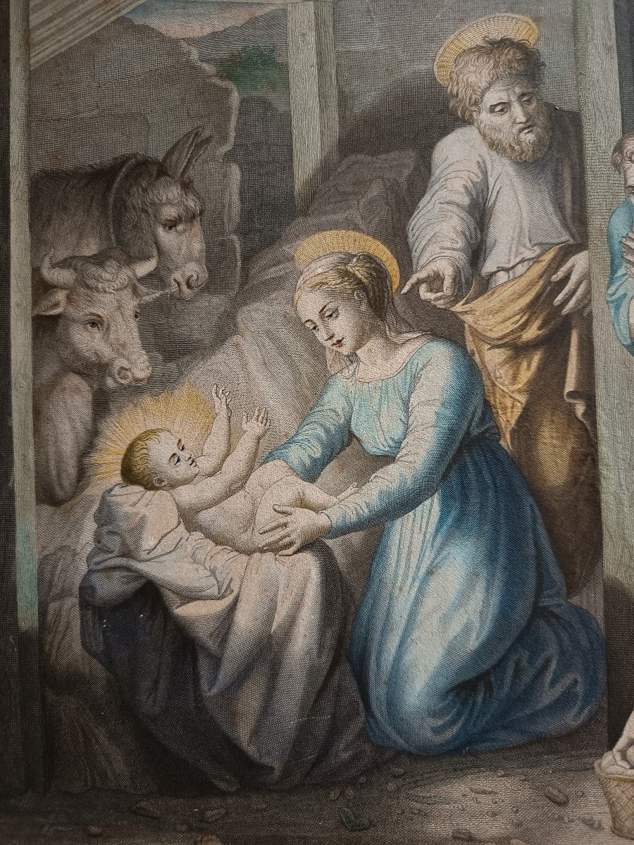 Watercolor Engraving, *the Adoration Of The Shepherds*, Based On The Vatican Tapestry From The Scuola Nuova-photo-1