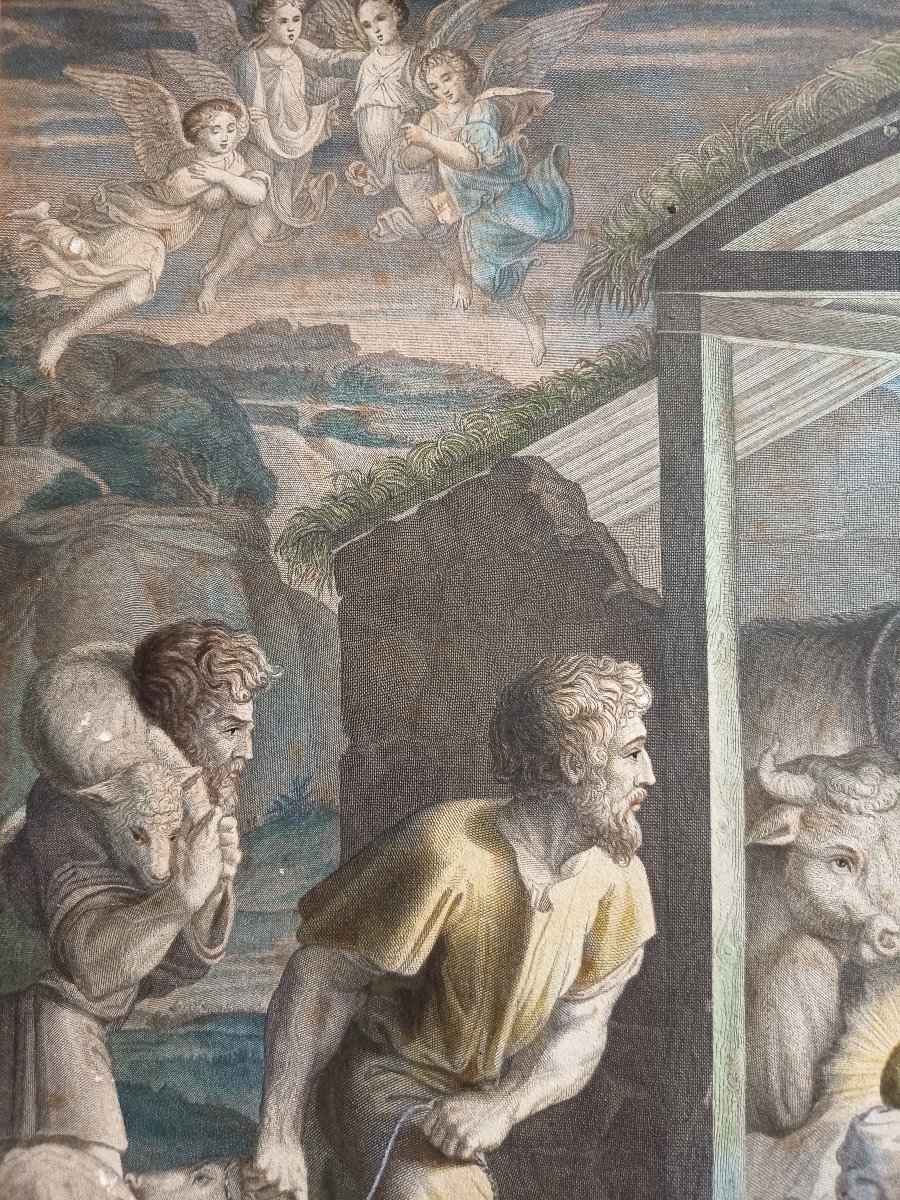 Watercolor Engraving, *the Adoration Of The Shepherds*, Based On The Vatican Tapestry From The Scuola Nuova-photo-3