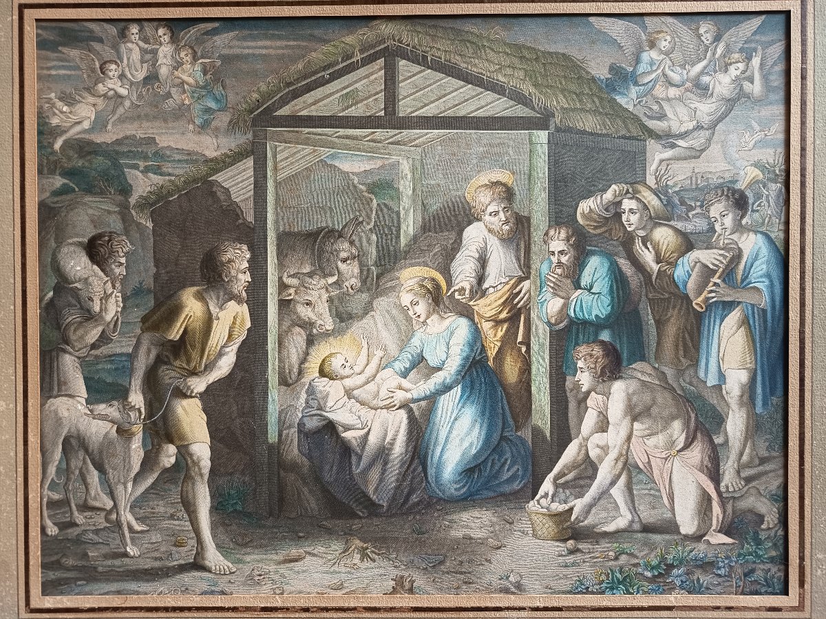 Watercolor Engraving, *the Adoration Of The Shepherds*, Based On The Vatican Tapestry From The Scuola Nuova