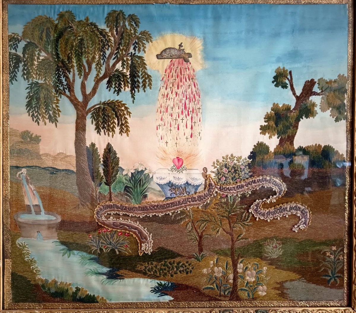 Important Religious Painting Embroidered On Silk—sacred Heart, Lamb Of God—19th Century-photo-2