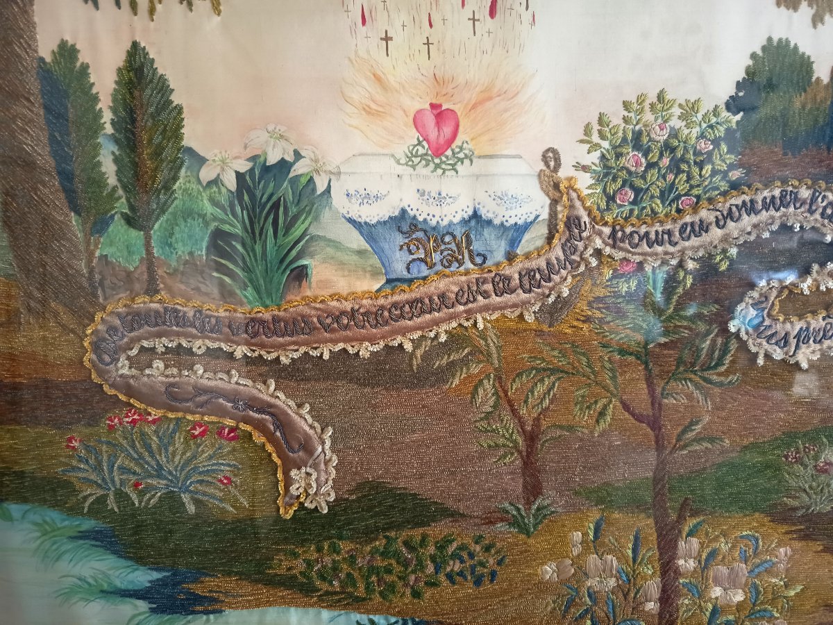 Important Religious Painting Embroidered On Silk—sacred Heart, Lamb Of God—19th Century-photo-1
