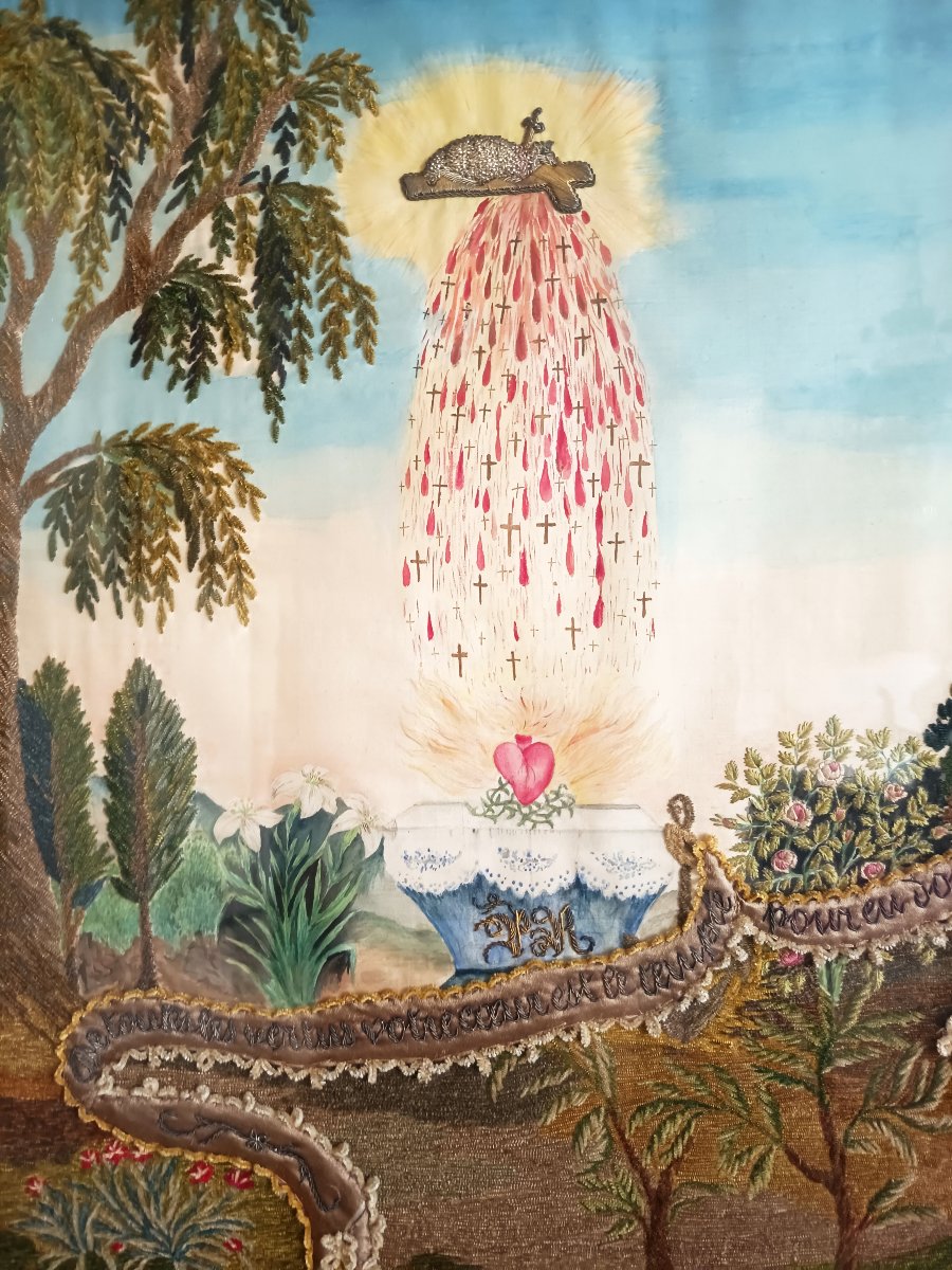 Important Religious Painting Embroidered On Silk—sacred Heart, Lamb Of God—19th Century-photo-2