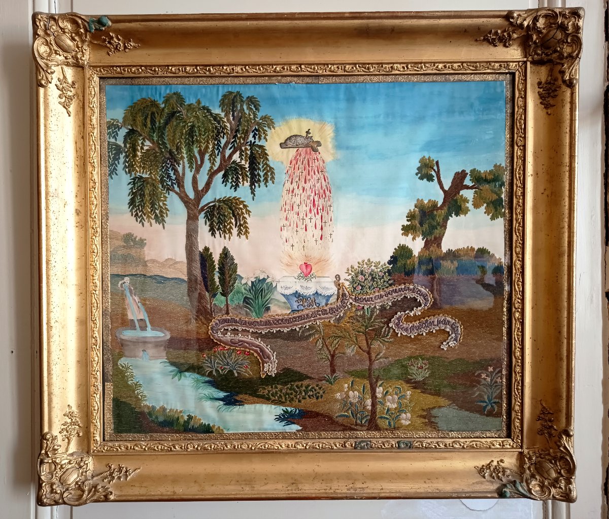 Important Religious Painting Embroidered On Silk—sacred Heart, Lamb Of God—19th Century