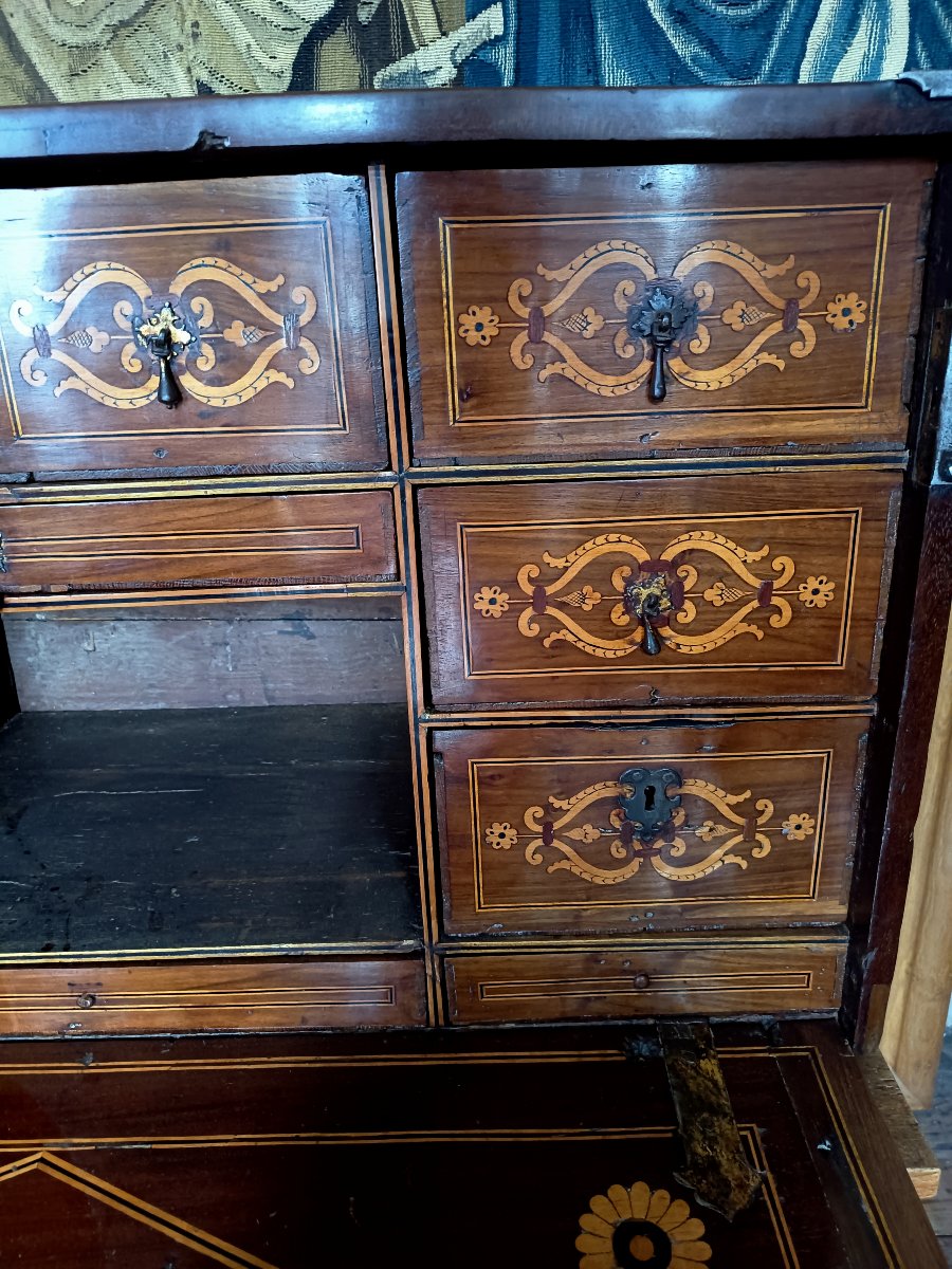 Travel Writing Desk (or "bargueno") Made Of Solid Mahogany With Marquetry, Liguria, Early 18th Century-photo-7