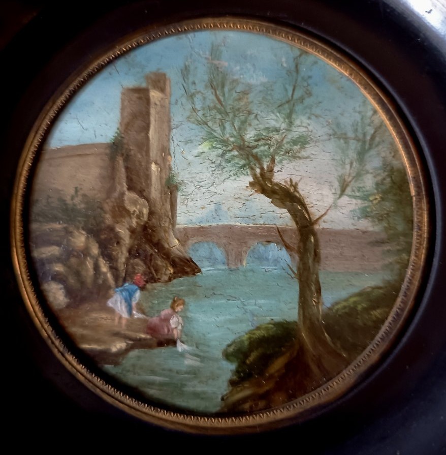Pair Of Tondo Miniatures, Architectural Caprices, Oil On Copper From The Restoration Period-photo-2