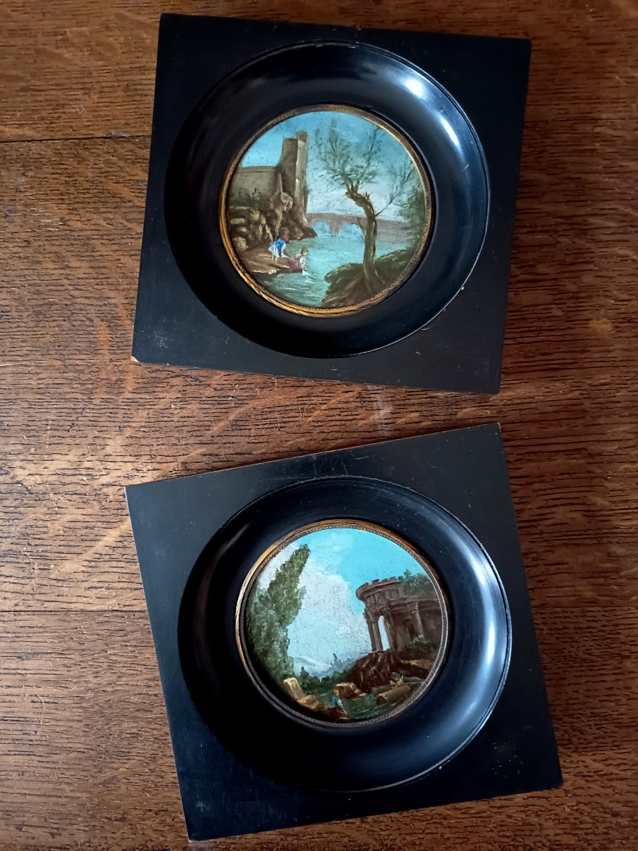 Pair Of Tondo Miniatures, Architectural Caprices, Oil On Copper From The Restoration Period-photo-3