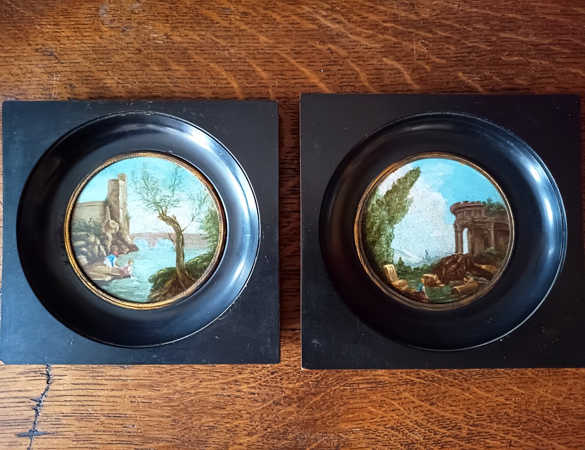 Pair Of Tondo Miniatures, Architectural Caprices, Oil On Copper From The Restoration Period-photo-4