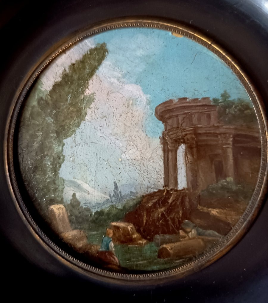 Pair Of Tondo Miniatures, Architectural Caprices, Oil On Copper From The Restoration Period