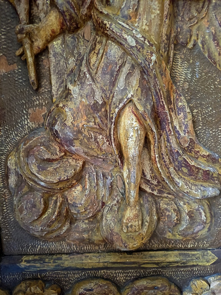 Grand panneau sculpté en bas relief , ange sur un nuage France ou Flandres début du xviième -photo-3