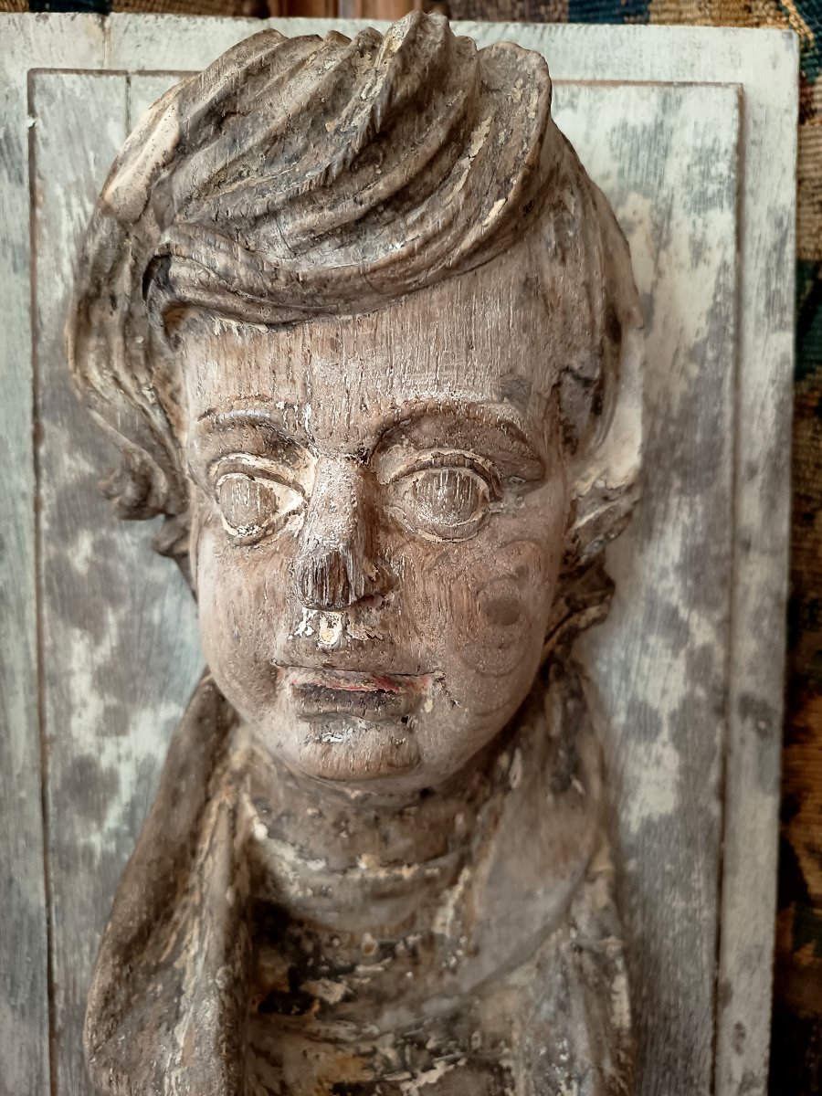 Religious High-relief Bust – Carved Linden Wood – Germany, 17th Century-photo-2