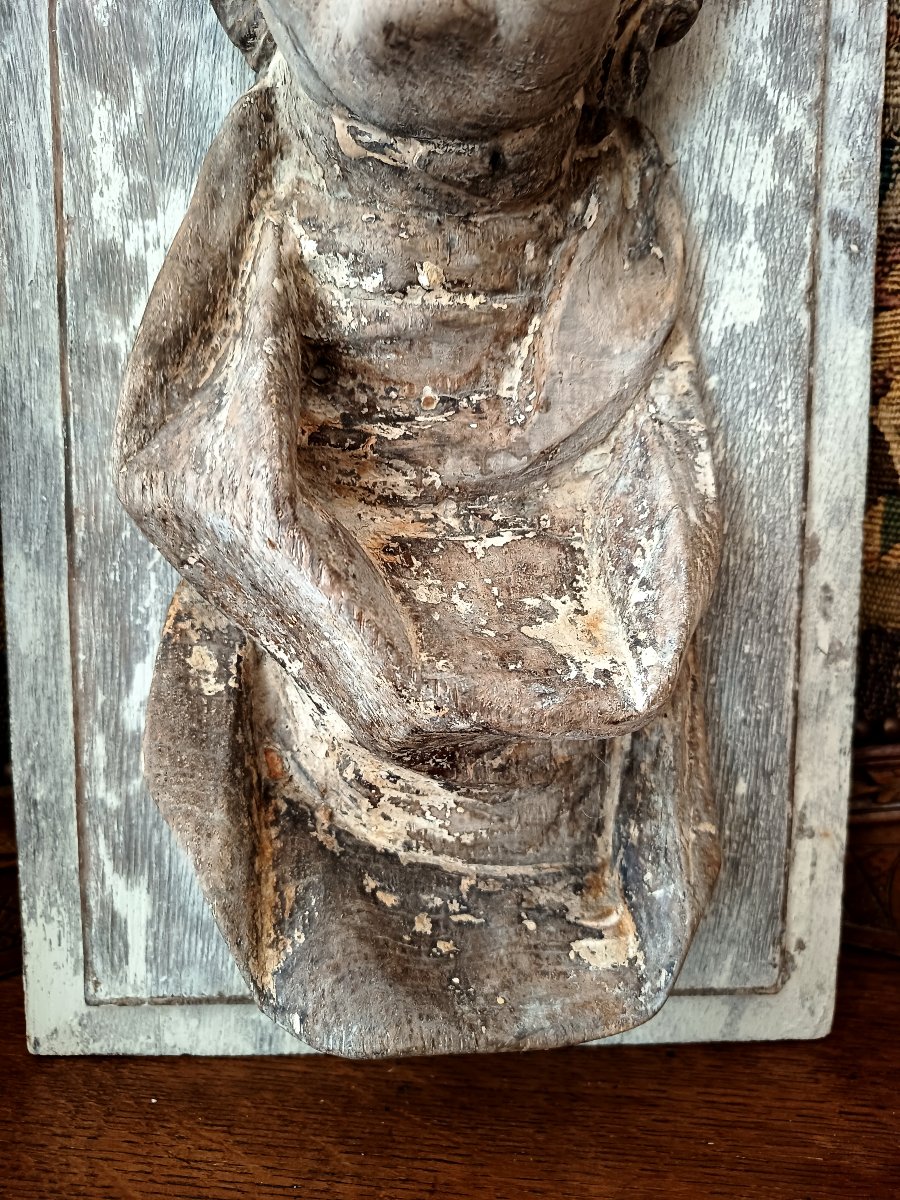 Religious High-relief Bust – Carved Linden Wood – Germany, 17th Century-photo-3