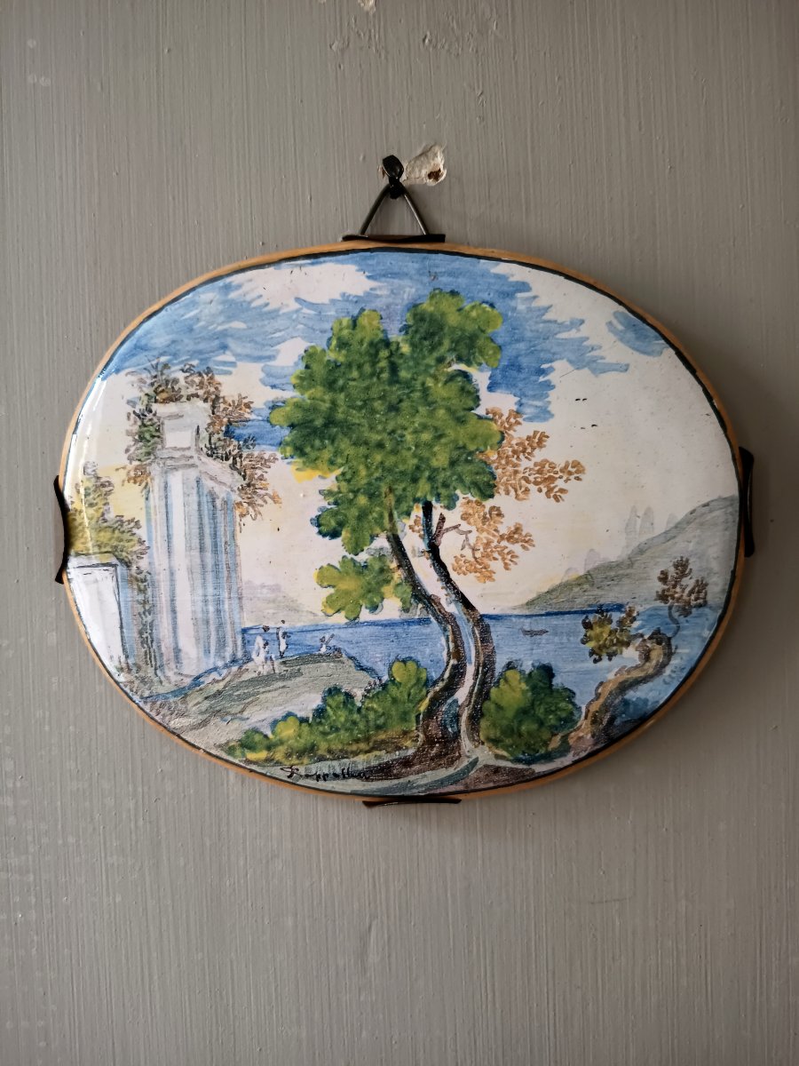 Plaque en faïence de Castelli, atelier Cappelletti, paysage aux ruines antiques, fin XIXe-photo-2