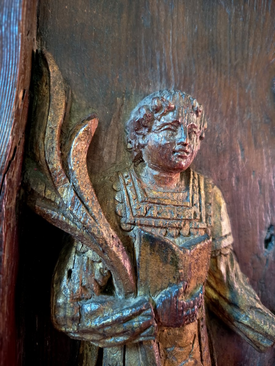 Panel Carved In High Relief: Calvary With Saint Lawrence And A Holy Soldier, 17th Century -photo-1