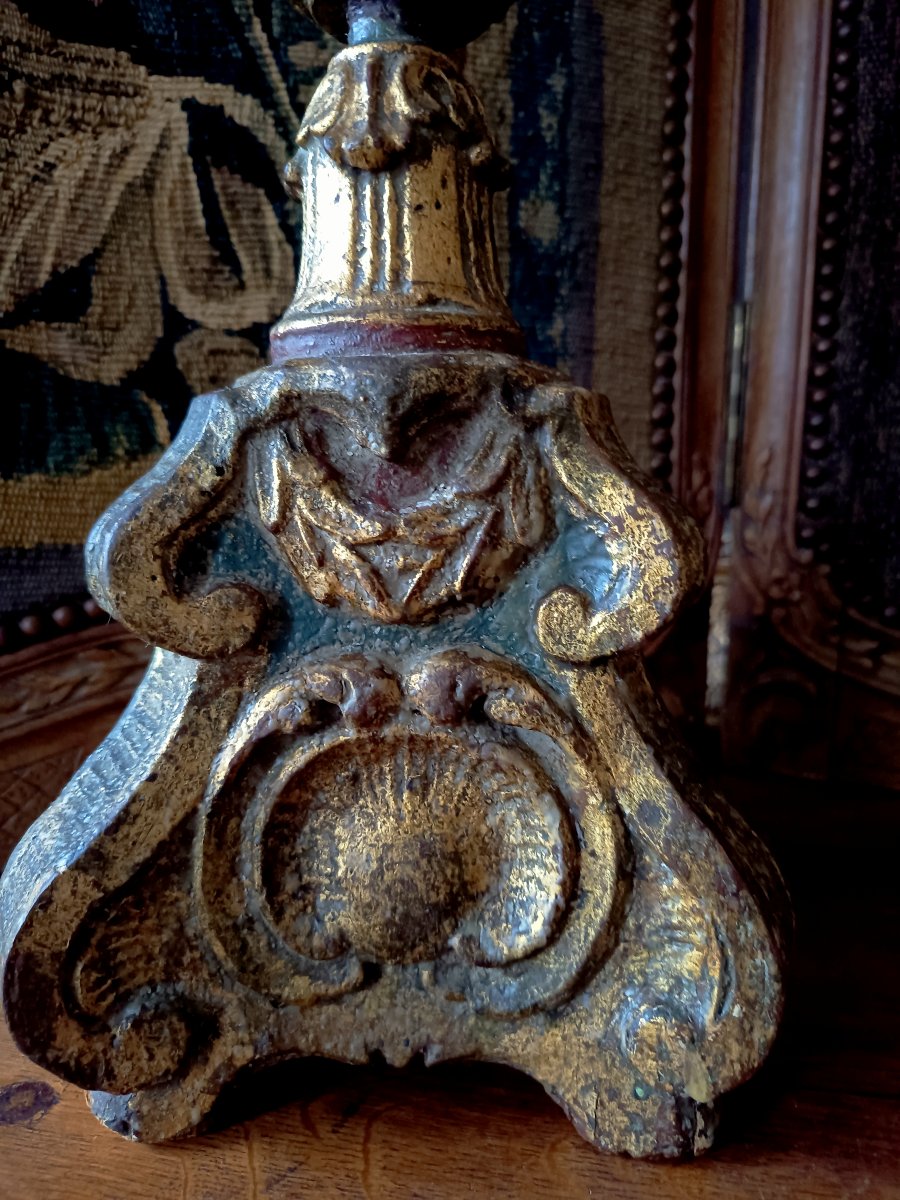 Pair Of Carved, Stuccoed, And Gilded Wooden Candlesticks, Italy, 18th Century-photo-4