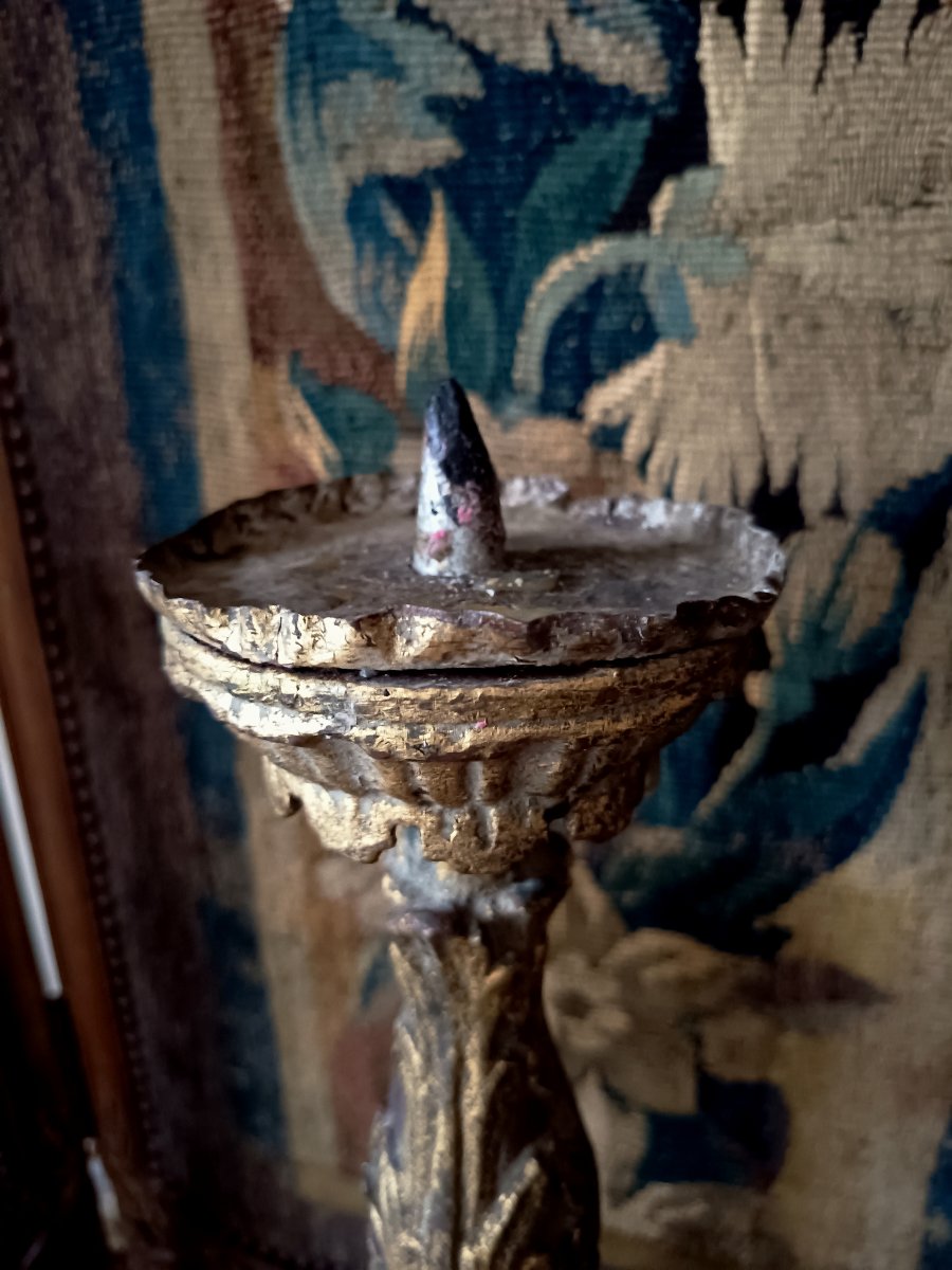 Pair Of Carved, Stuccoed, And Gilded Wooden Candlesticks, Italy, 18th Century-photo-1