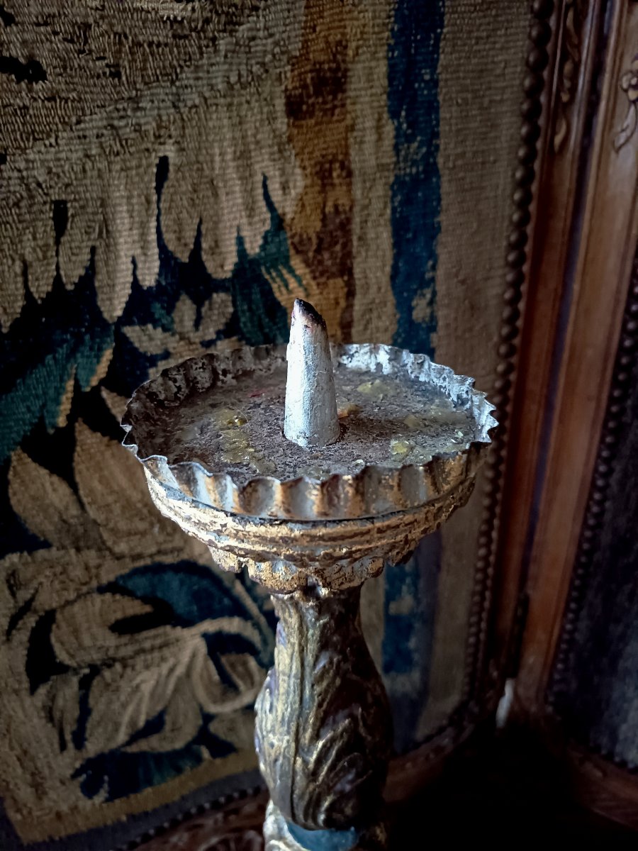 Pair Of Carved, Stuccoed, And Gilded Wooden Candlesticks, Italy, 18th Century-photo-2