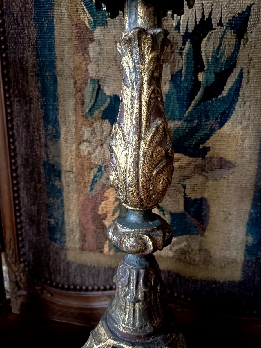 Pair Of Carved, Stuccoed, And Gilded Wooden Candlesticks, Italy, 18th Century-photo-3